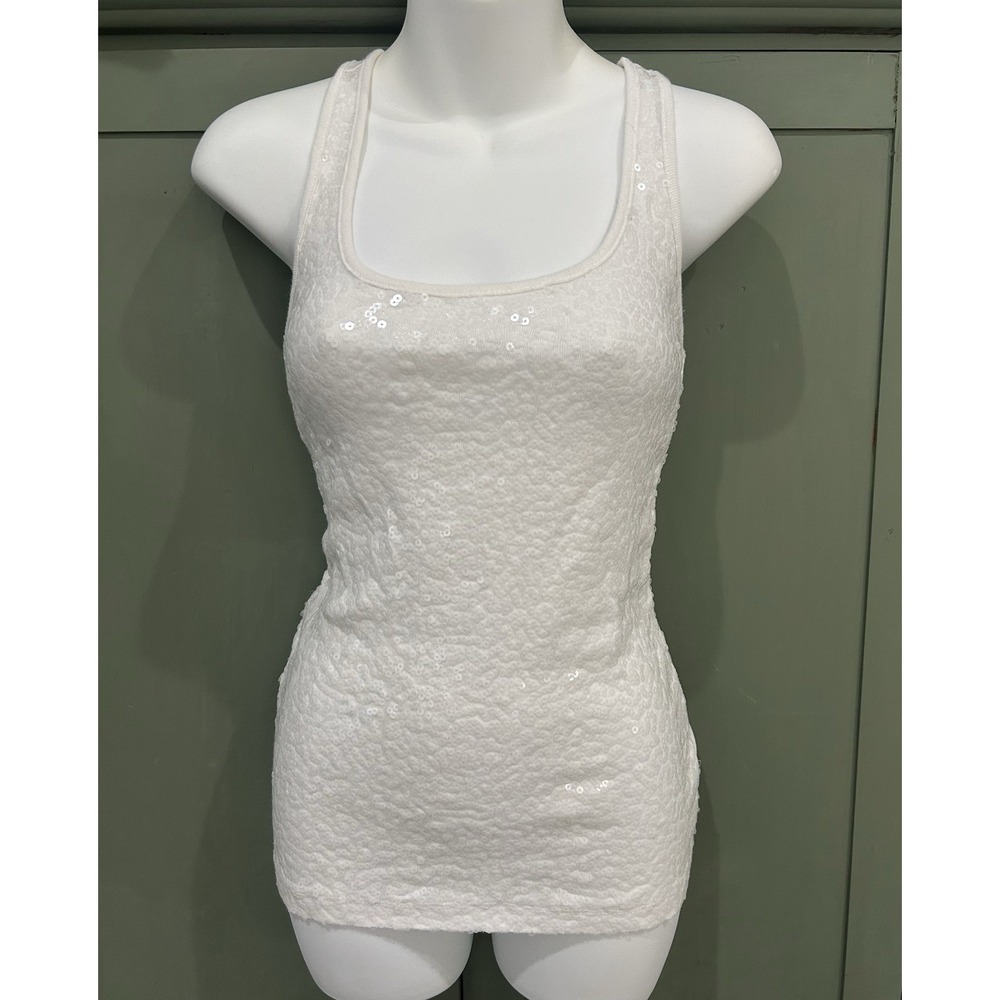 Vintage Old Navy Y2K Ivory Sequin Tank Top Long Fitted Sparkle Clubwear Size M